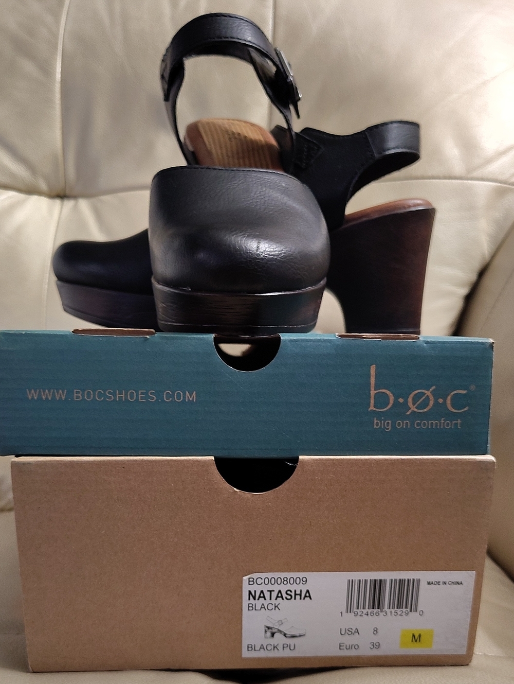 b.o.c. Black Leather Platform Clog Sandals with Ankle Strap